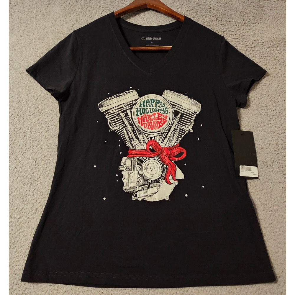 Harley-Davidson Womens Orlando Florida Happy Holidays V-Neck T-Shirt Black M NWT